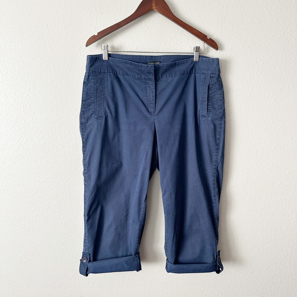 Eileen Fisher Organic Cotton Tencel Roll Tab Navy Blue Cropped Pants size large